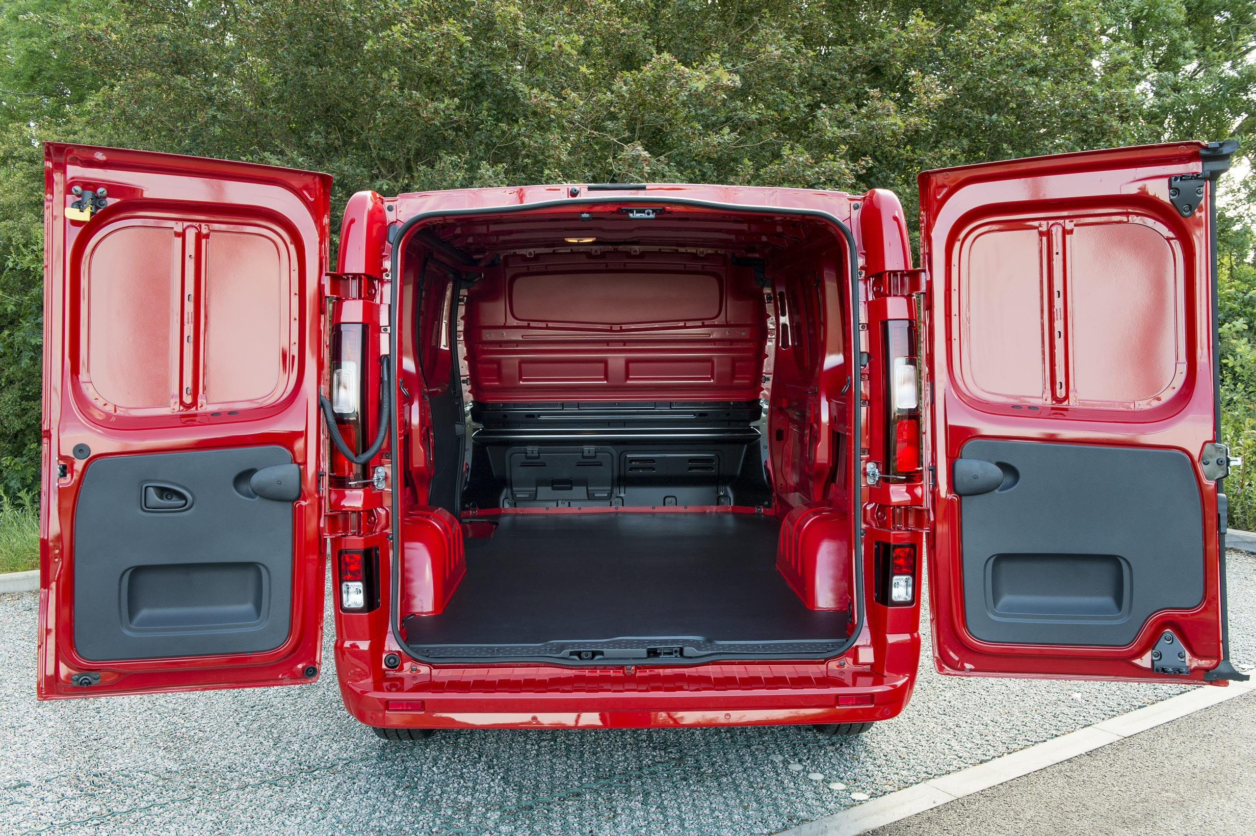 Rear shot of red Vauxhall Vivaro with both doors open